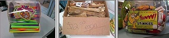 Click to enlarge...  Cats toys are $1.00 each and the dog bones are $2.00 each. All while supplies last.